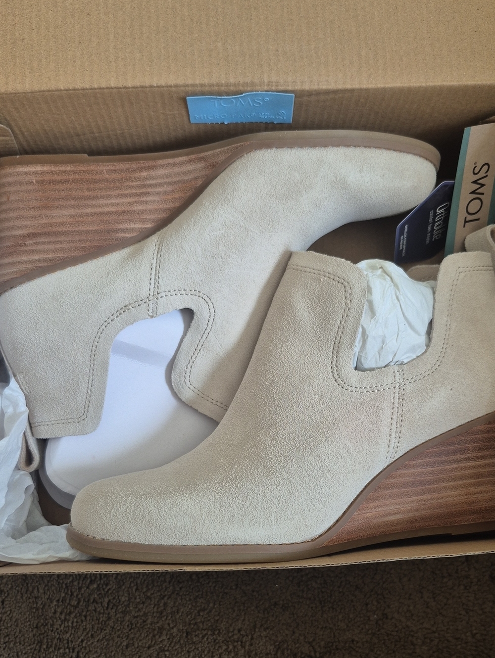 Toms Cream Suede Wedge Booties with Cutout Detail